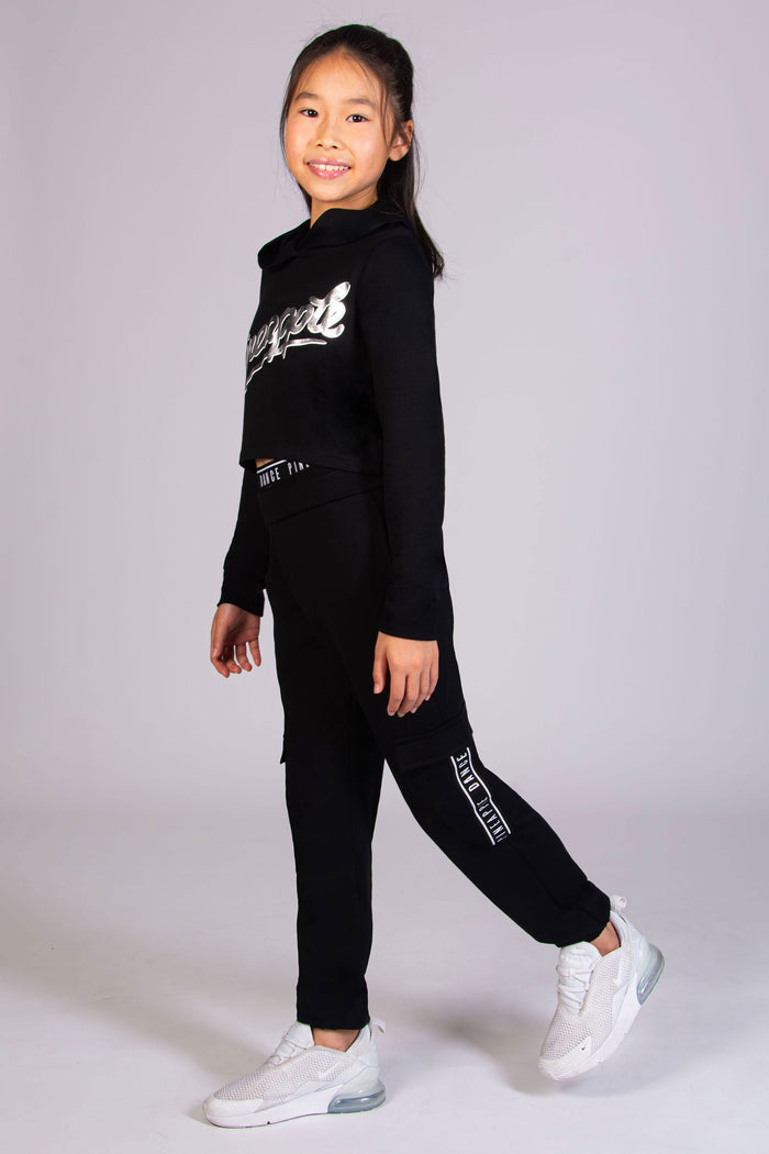 Girls' black crop hoodie with Pineapple logo, perfect for dance classes or traveling.