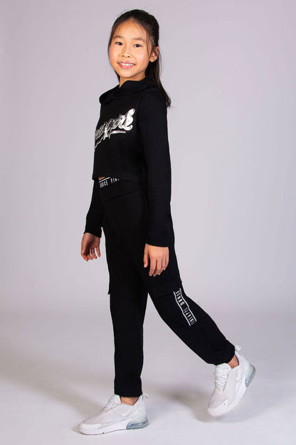 Girls' black crop hoodie with Pineapple logo, perfect for dance classes or traveling.