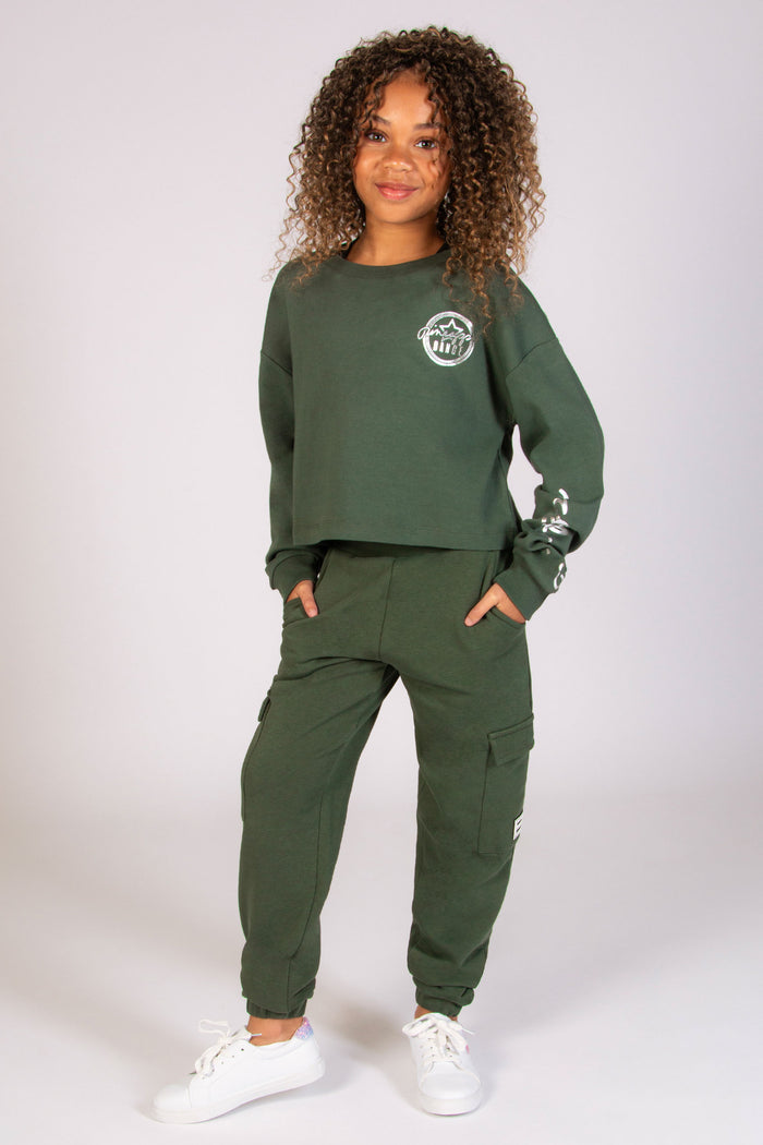 Kids' crop sweater in khaki featuring silver foil DANCE logo print