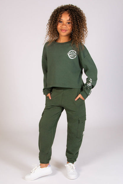 Kids' crop sweater in khaki featuring silver foil DANCE logo print