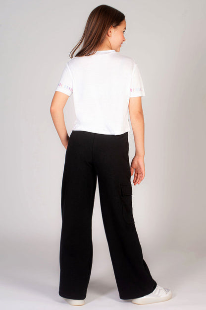 Girls' white dance t-hirt with dance print on the sleeves worn by Pineapple young dancers
