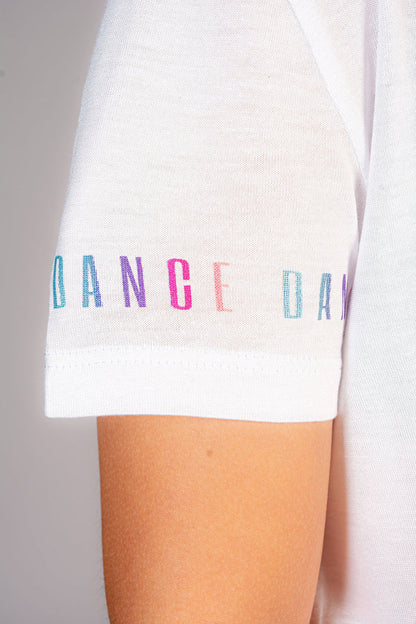 Detail of white crop t-shirt sleeve of dance rainbow print