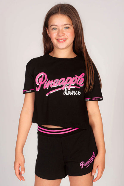 Girls' black crop t-shirt with dance print on chest and sleeves paired with matching sport shorts for kids.