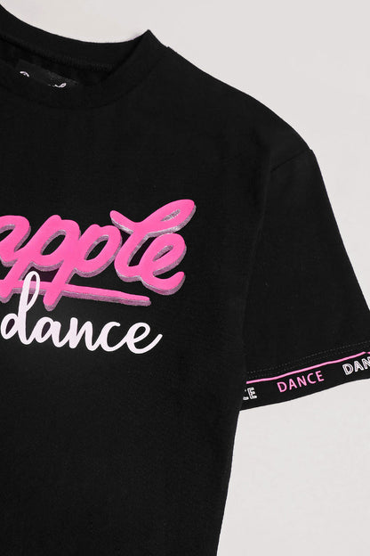 Dance print detail in pink on kids' logo dance crop t-shirt by Pineapple Dance Studios.
