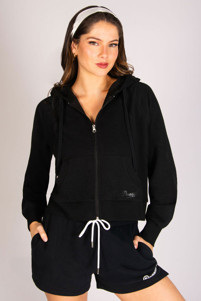 Women's black full zip hoodie with pockets, rib cuffs and drawcord hood.
