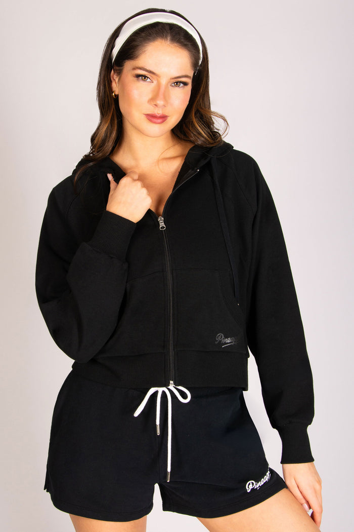 Women's black full zip gym hoodie with pockets, rib cuffs and drawcord hood.