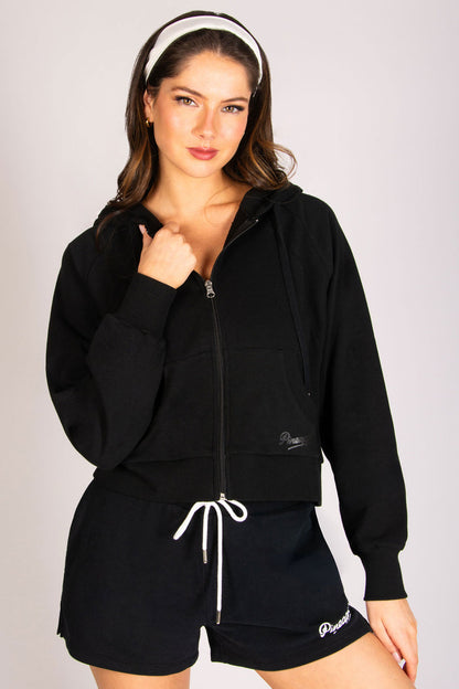 Women's black full zip gym hoodie with pockets, rib cuffs and drawcord hood.