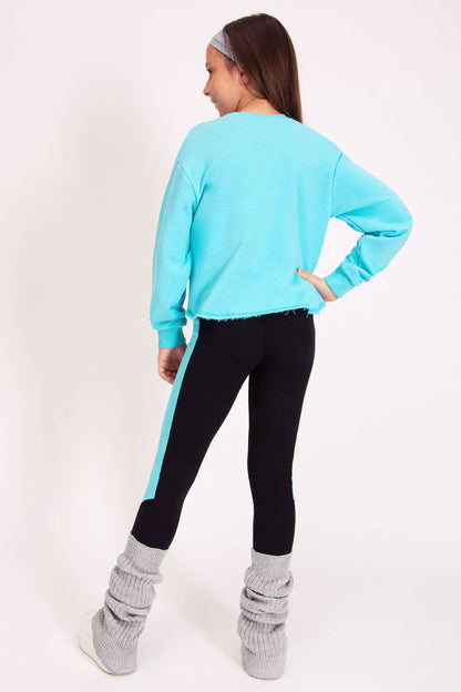 light blue sweat top for young dancers wear it with matching leggings