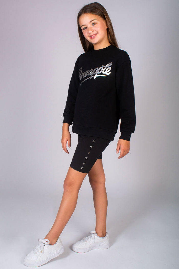 Black sweat top with crew neck for girls with Pineapple silver foil logo
