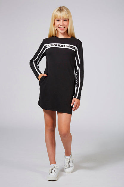 Girl wearing Pineapple Long Sleeve Black Dress with Stripes and Print