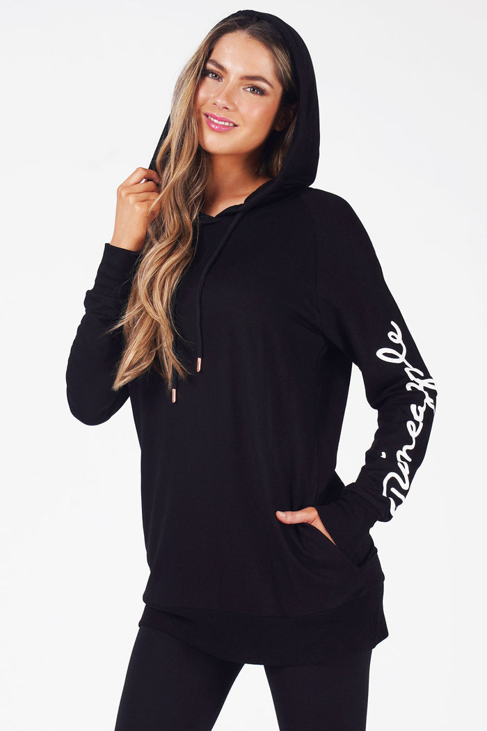 Woman wearing Pineapple Black Longline Hoodie