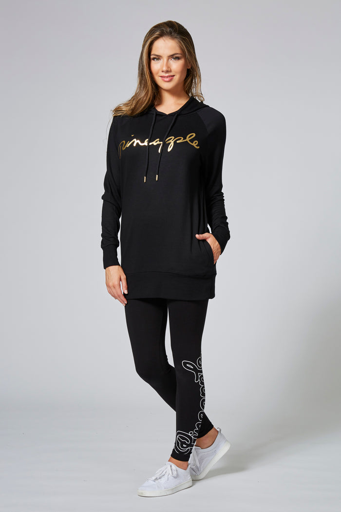 Woman wearing Black Longline Hoodie