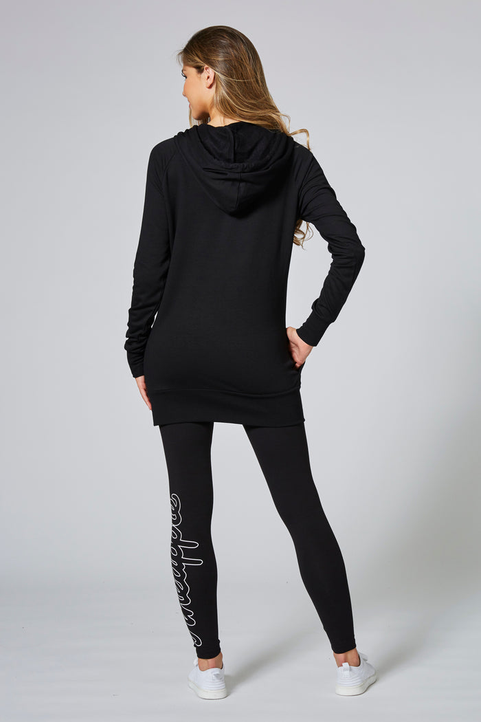 Woman wearing Black Longline Hoodie