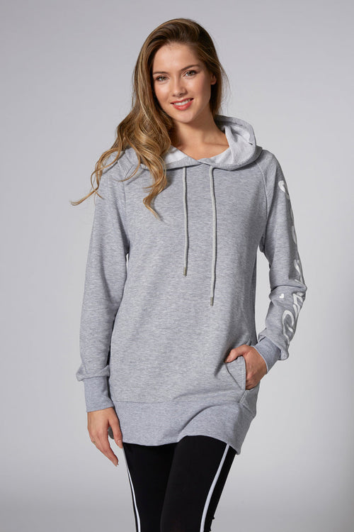 Woman wearing Pineapple Grey Loopback Longline Hoodie
