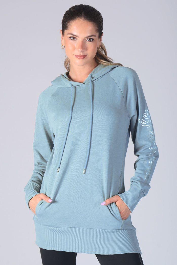 Woman wearing Pineapple blue Loopback Longline Hoodie