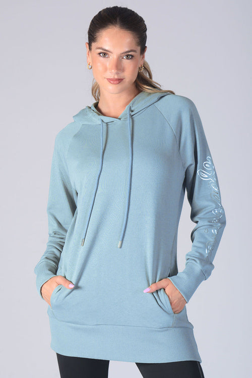 Woman wearing Pineapple blue Loopback Longline Hoodie