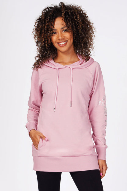 Woman wearing Pineapple Pink Loopback Longline Hoodie