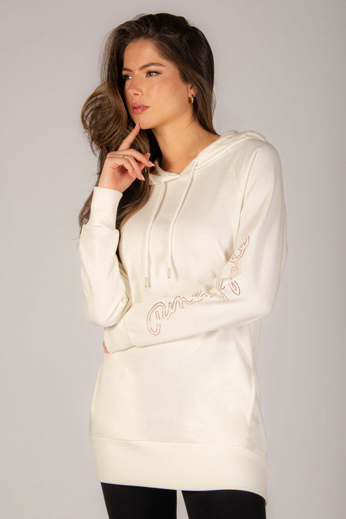 Off-white hoodie with pockets and drawstrings, perfect for athleisure days, decorated with gold foil print on the sleeve