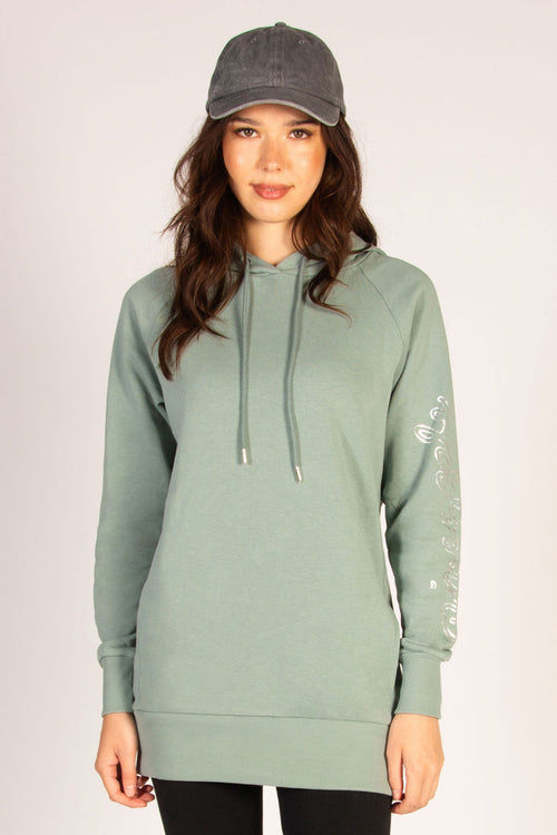Martyna Balsam wearing sage green longline hoodie by Pineapple Dance Studios