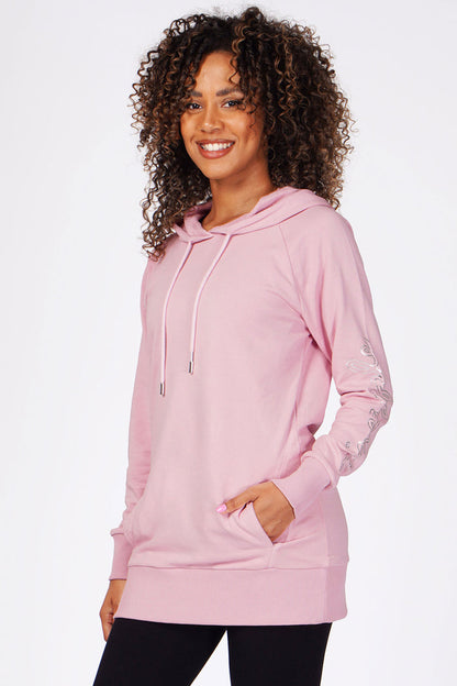 Woman wearing Pink Loopback Longline Hoodie