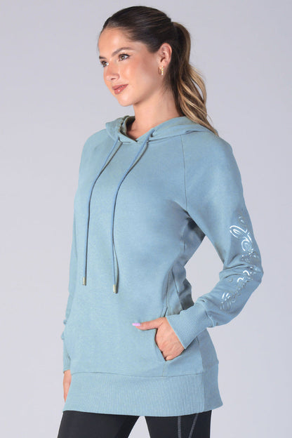 Woman wearing blue Loopback Longline Hoodie