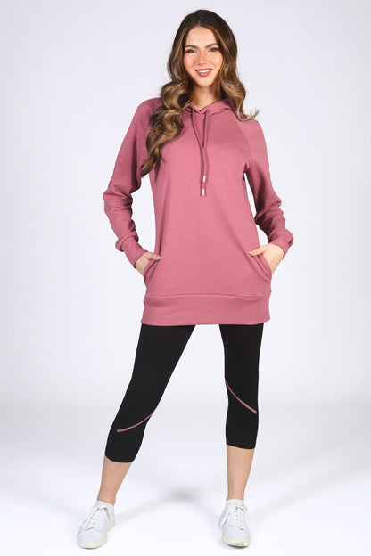 Pink hoodie for women with side pockets, spacious hood and drawcords