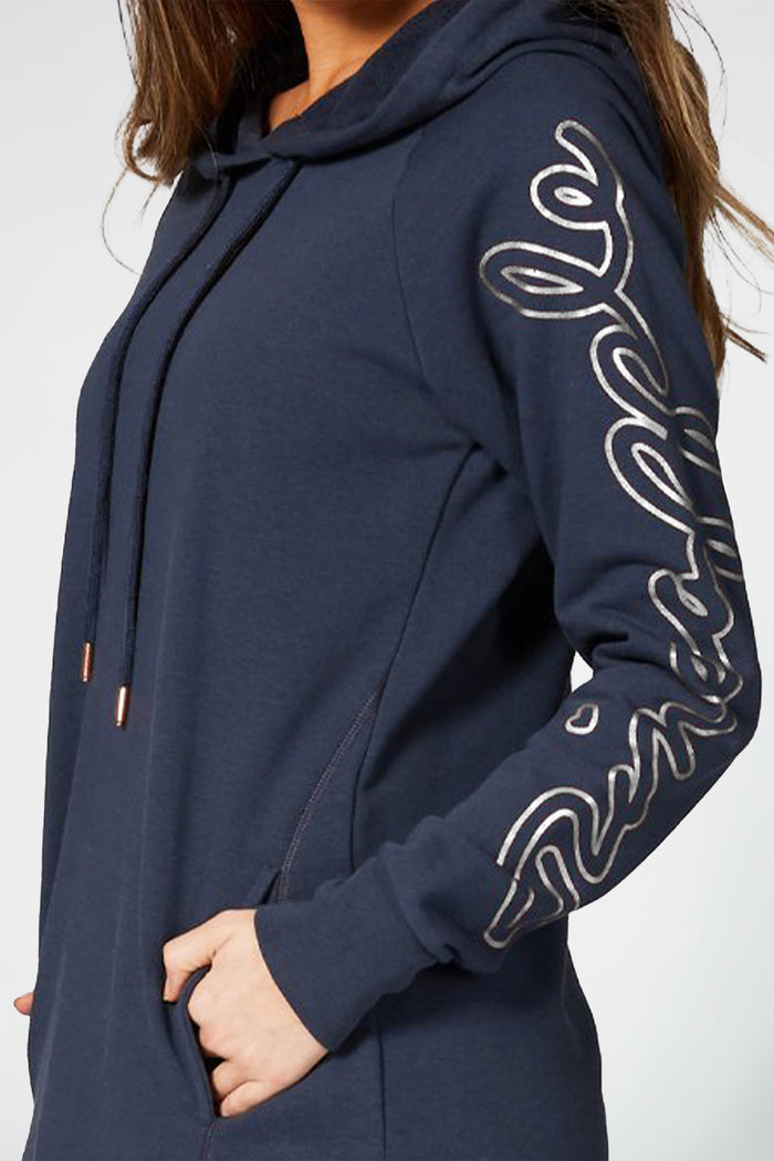 Dark grey longline hoodie with silver foil Pineapple logo on the sleeve and spacious pockets