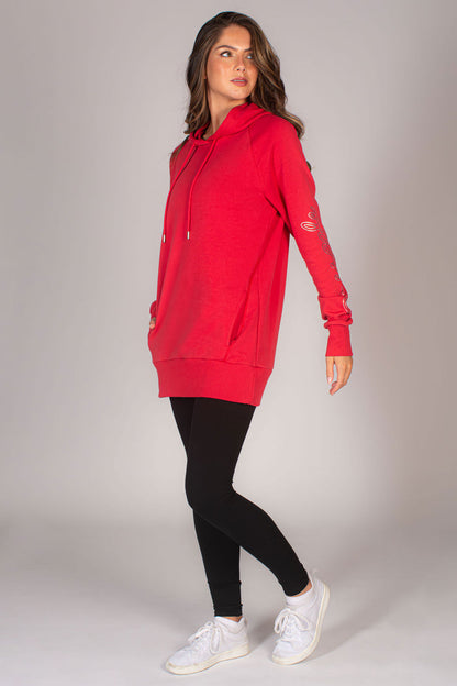 Red jumper with hood for women size XS to XXL.
