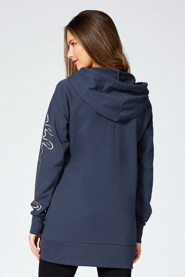 Charcoal longline logo hoodie for women with silver foil detail and large hood.