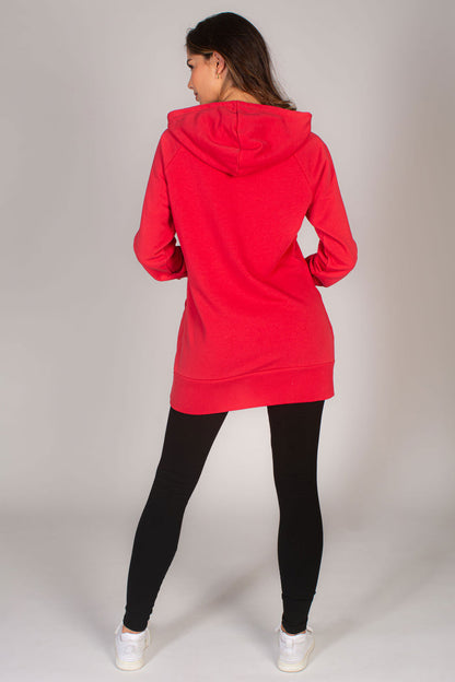 Shop our popular longline hoodie in red for women. The perfect Christmas sweater for the festive season by Pineapple Dance Studios.