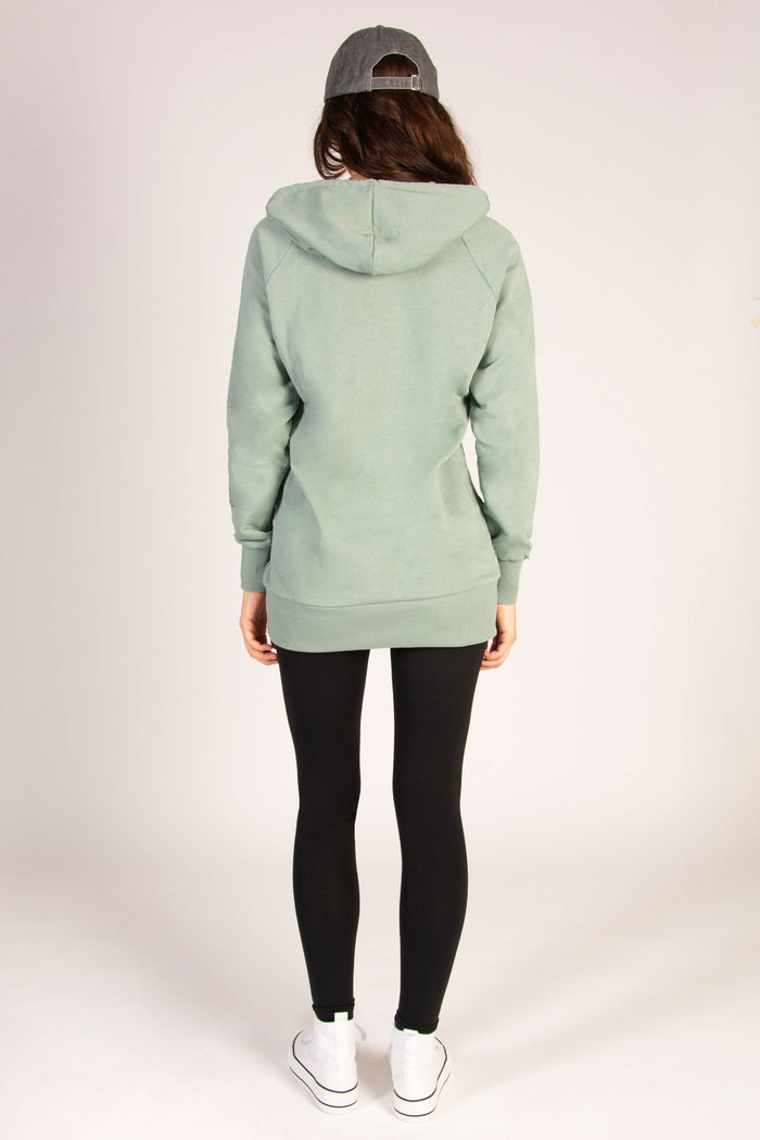 Women's sage green hoodie with drawcord, spacious hood, and 2 concealed pockets.