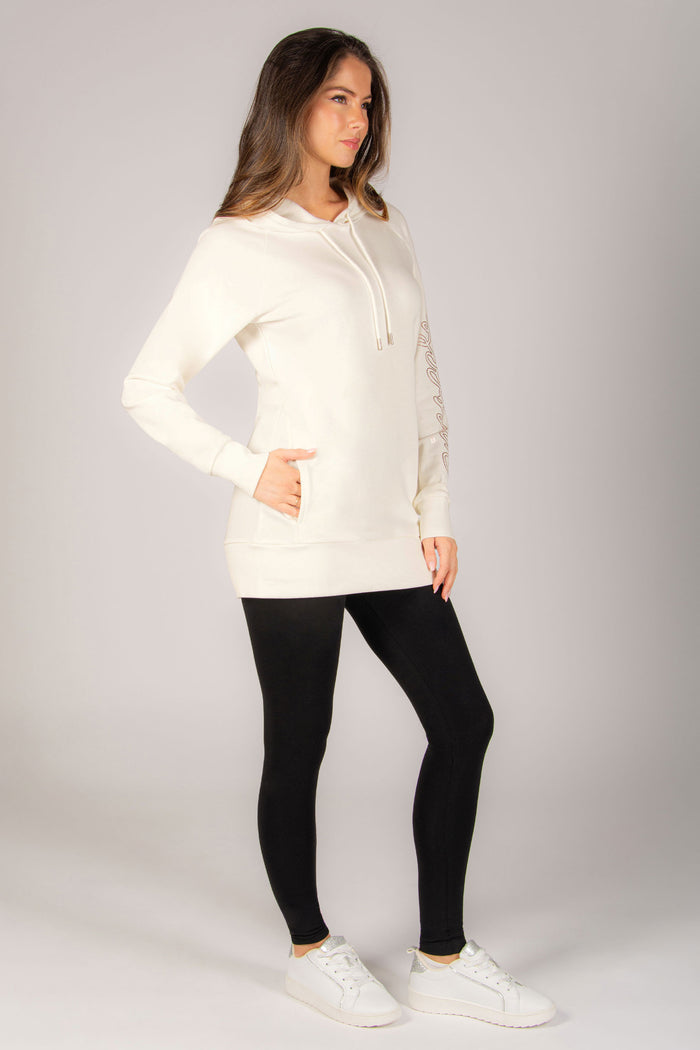 Pineapple off-white women's hoodie in longline shape featuring drawstrings, pockets, and a slimming fit.