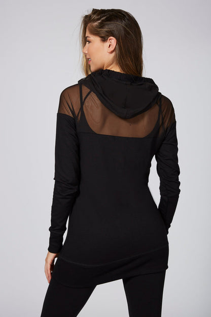 Woman wearing Longline Mesh Panel Hoodie Top Black and contrast black Piping Mesh Leggings