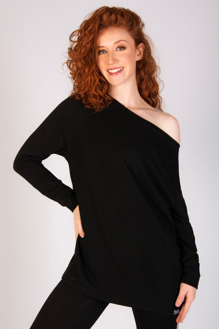 80's inspired dance off shoulder sweatshirts in black paired with cotton rich leggings