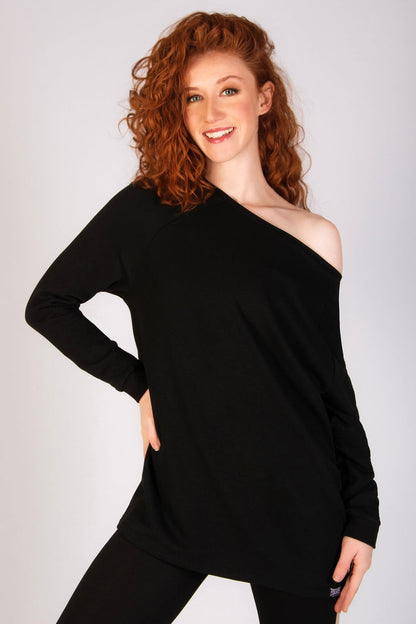 80's inspired dance off shoulder sweatshirts in black paired with cotton rich leggings