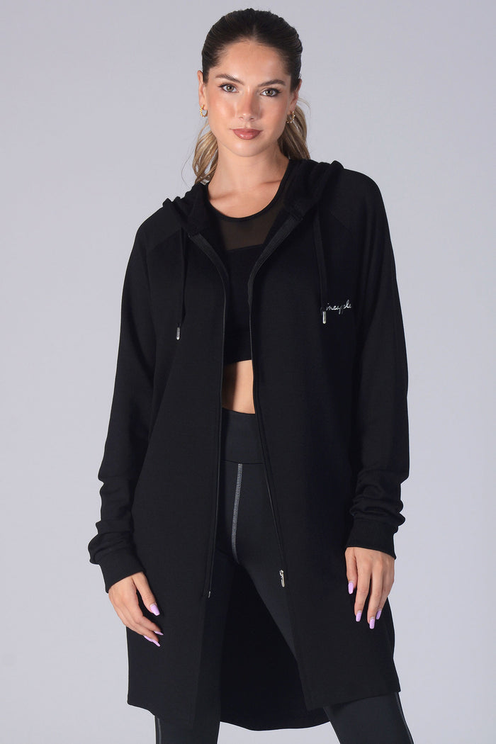 Woman wearing Pineapple black Longline Zip Jacket