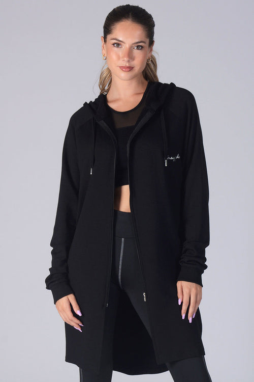 Woman wearing Pineapple black Longline Zip Jacket