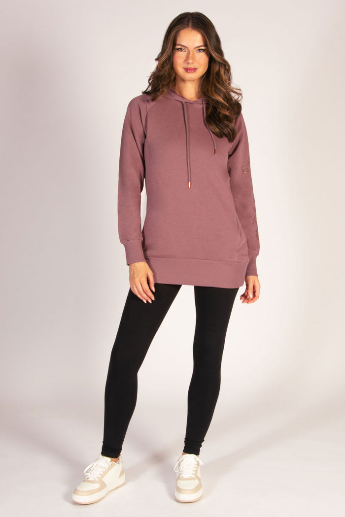 Women's dark brown longline hoodie modelled by Kianna Louise for Pineapple Dance Studios.