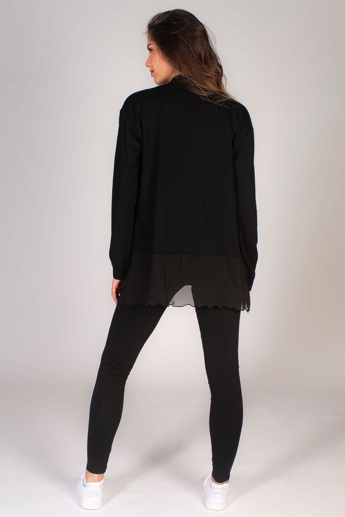 Women's black cardigan with mesh hem at the bottoms