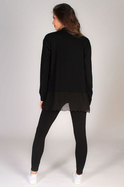 Women's black cardigan with mesh hem at the bottoms