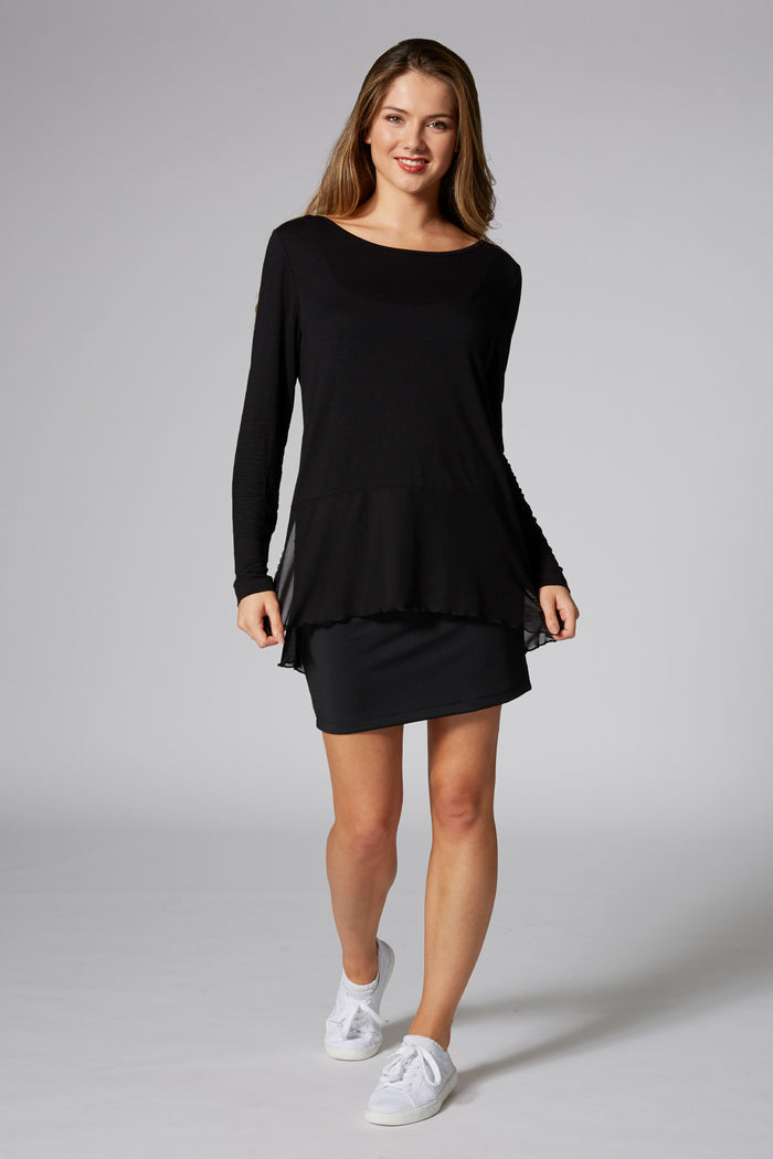 Woman wearing Pineapple Black Mesh Hem Long Sleeve Top