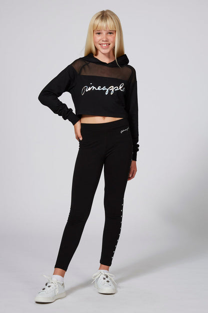 Girl wearing Black Mesh Panel Crop Hoodie