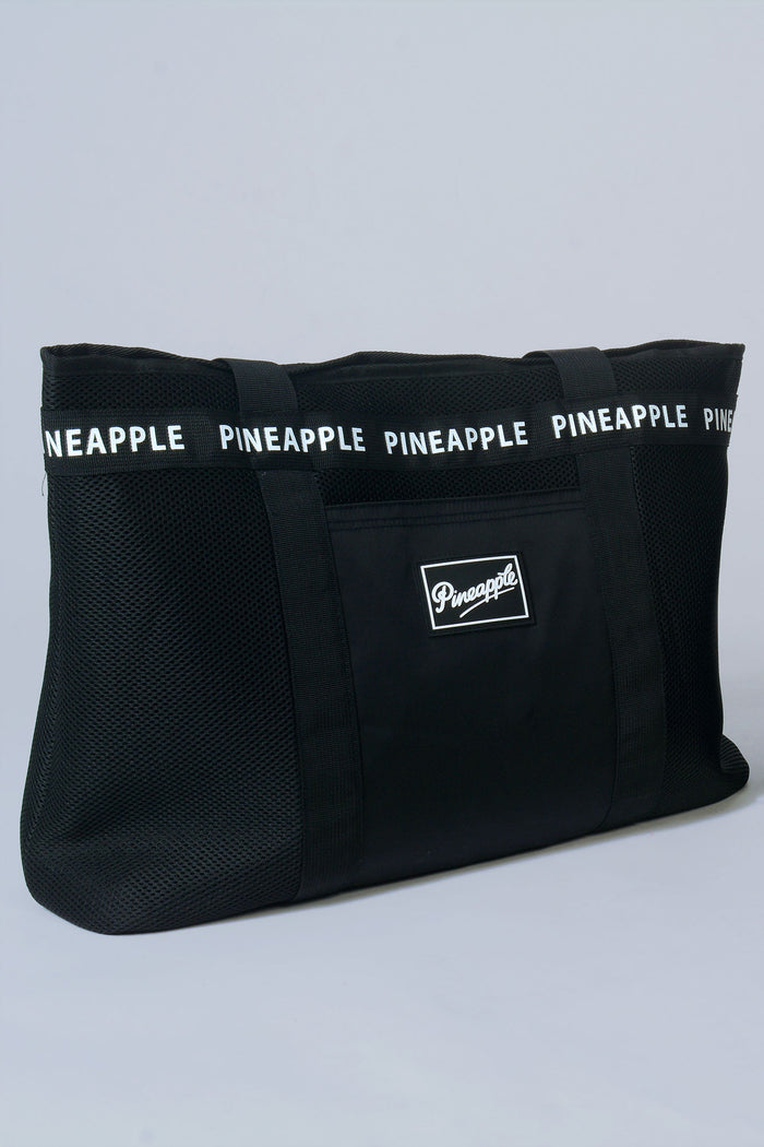 Large black Mesh Tote Bag with external Pocket
