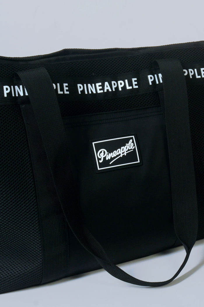 Large black Mesh Tote Bag with white logos