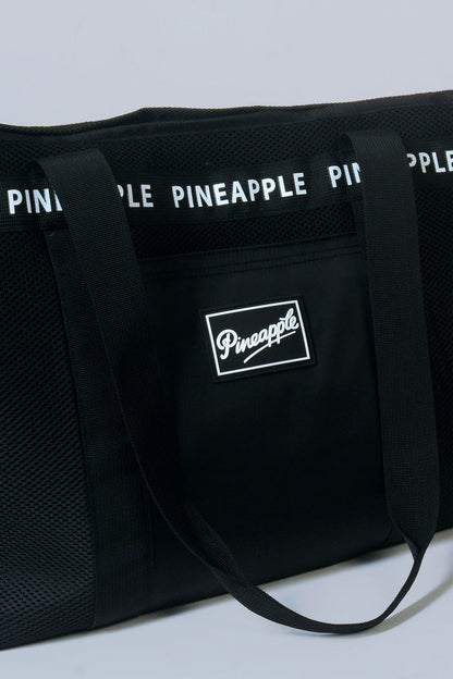 Large black Mesh Tote Bag with white logos