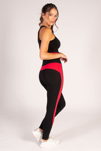 Women's black crop top and panel leggings modelled by Kianna Louise.