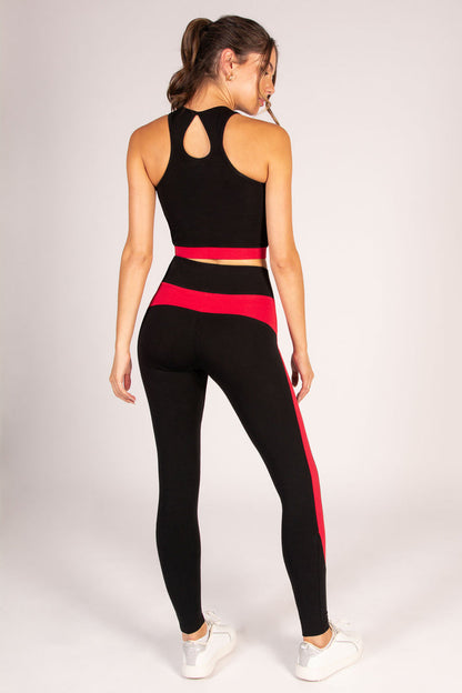 Black high neck crop top for women with open teardrop back and tight elasticated waistband.