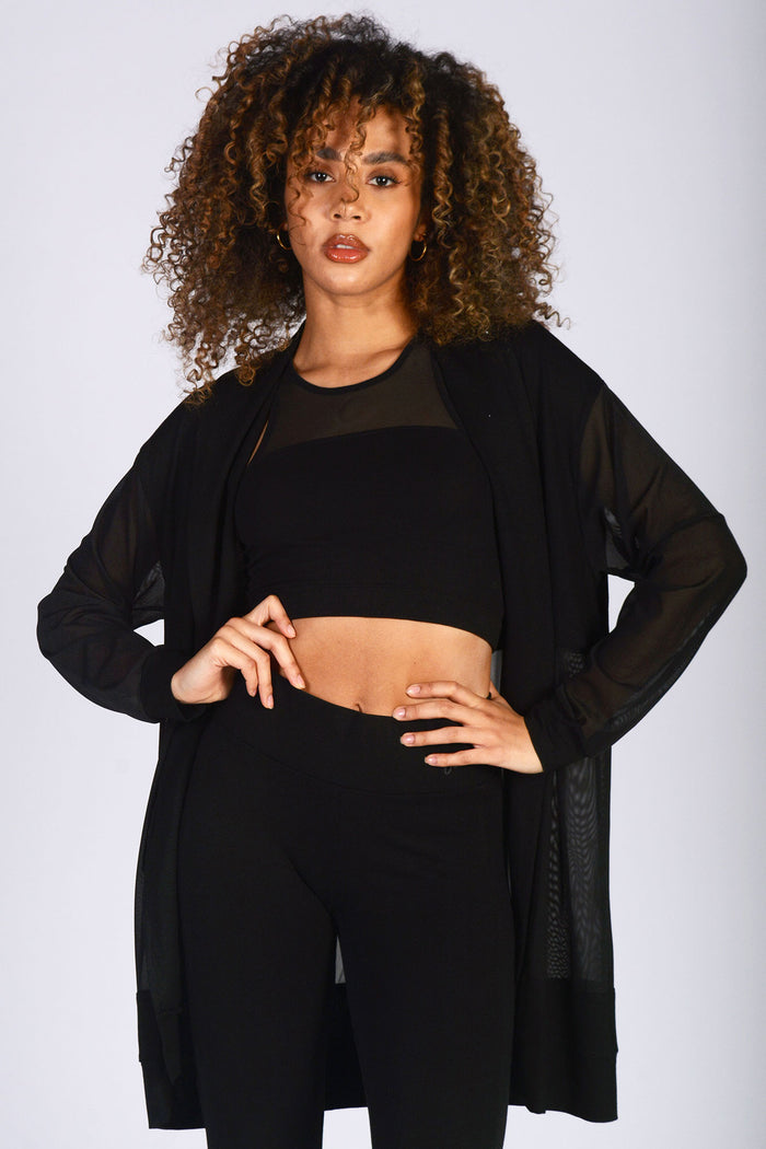 Alyce Justyne wearing black mesh cardigan for women