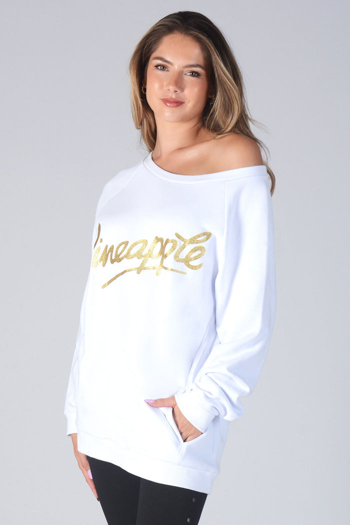 Woman wearing white Glitter Logo Monster Sweater