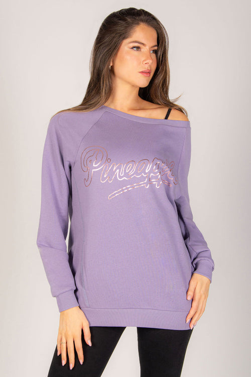Women's purple off shoulder oversized sweat top with two pockets and rose gold metallic print.